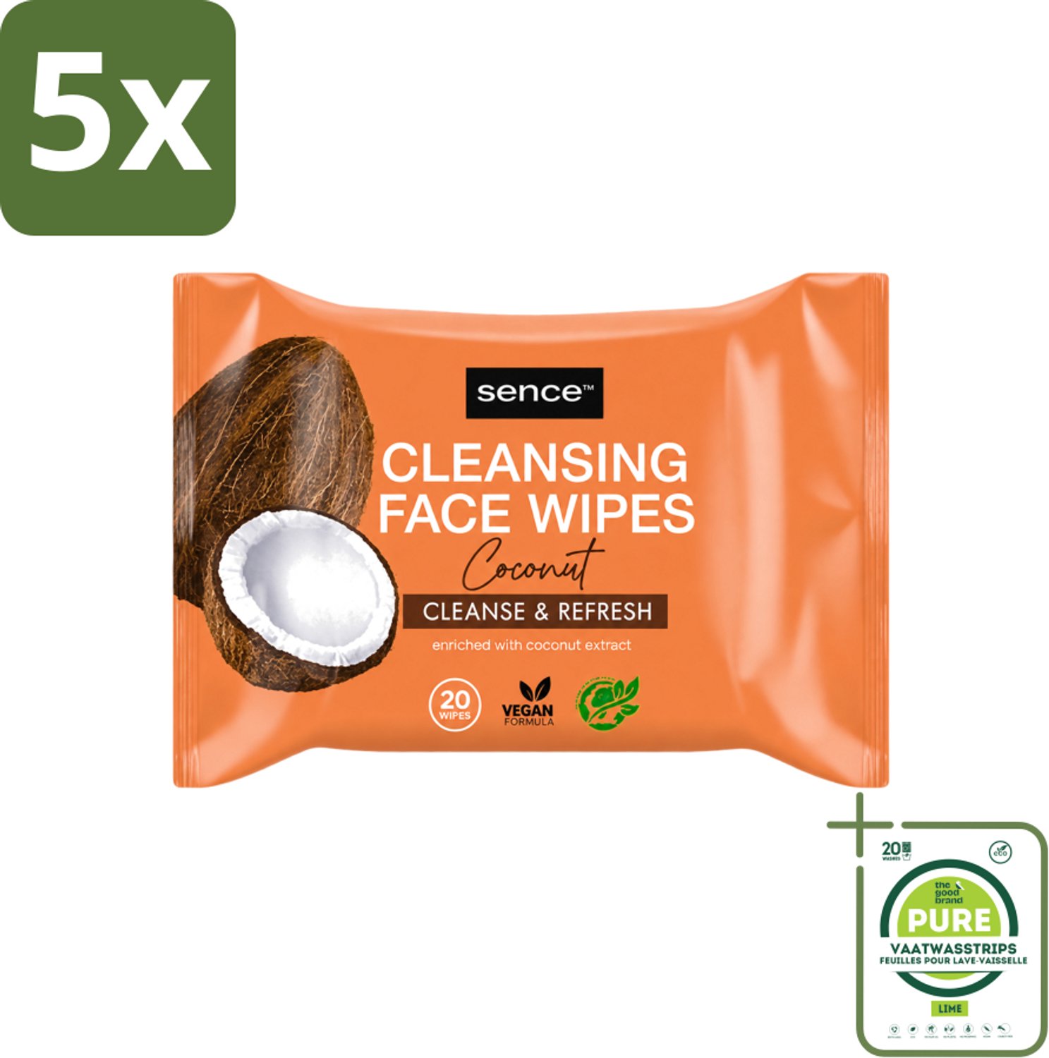 5 x Sence - Coconut - Gezichtsreinigingsdoekjes - Verzorgend - 20 Doekjes - Grootverpakking - Vaatwasstrips - Gezichtsreinigingsdoekjes - Kokos - Huidverzorging - Make-up Verwijderen - Hydrateren