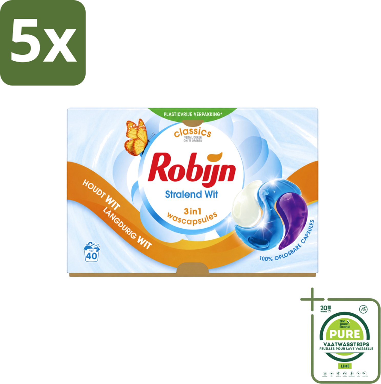 5 x Robijn - Stralend Wit - 3-in-1 Wascapsules - Houdt Langdurig Wit - 40 Wascapsules - Grootverpakking - Vaatwasstrips - Wit Was - Wascapsules - Wasverzorging - Wasgeur - Wasroutine