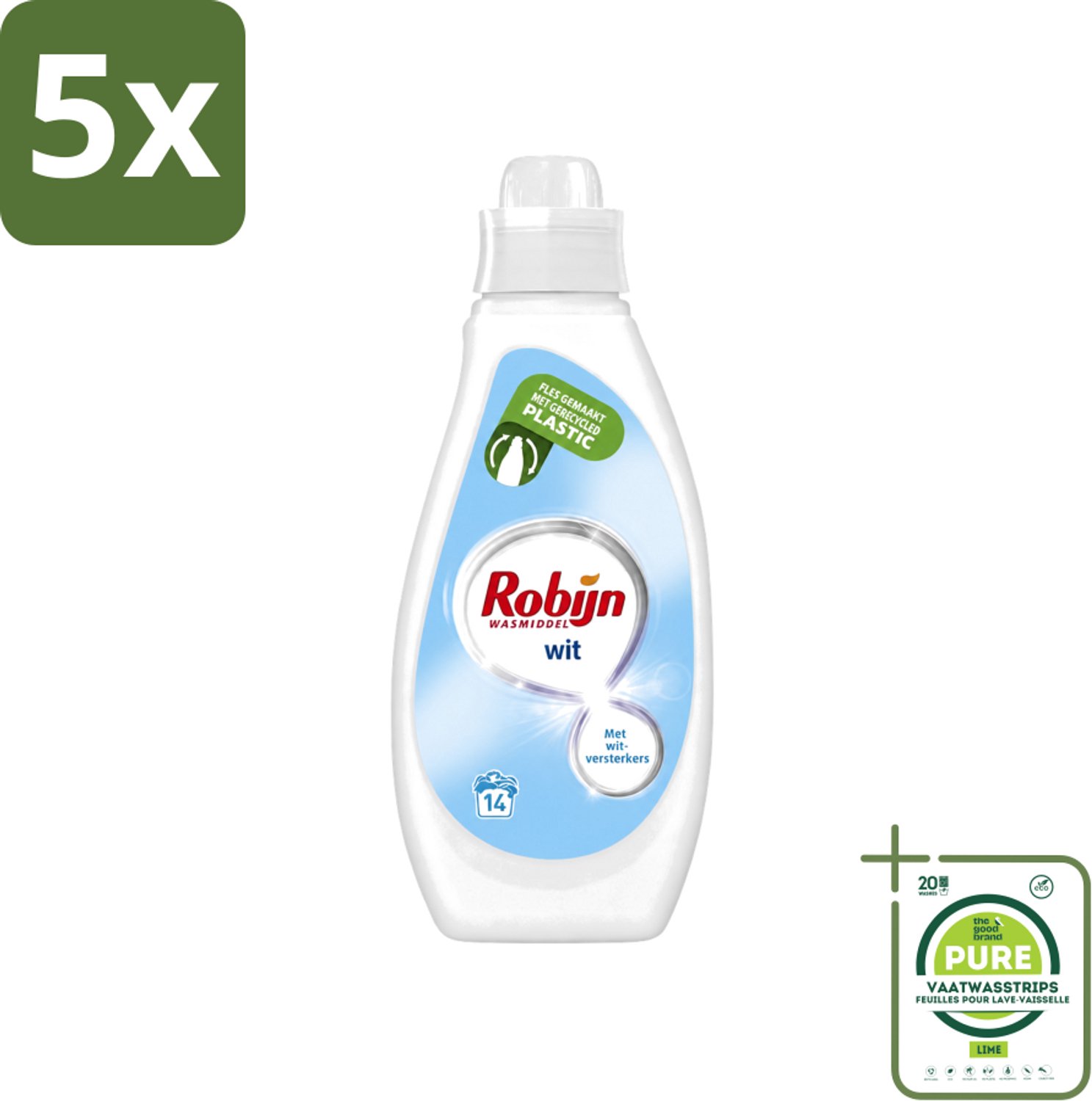 5 x Robijn - Wit - Vloeibaar Wasmiddel - Met Witversterkers - 14 Wasbeurten - 700 ml - Grootverpakking - Vaatwasstrips - Wit Wasmiddel - Stralend Wit - Wasverzachter - Frisse Geur - Witversterker