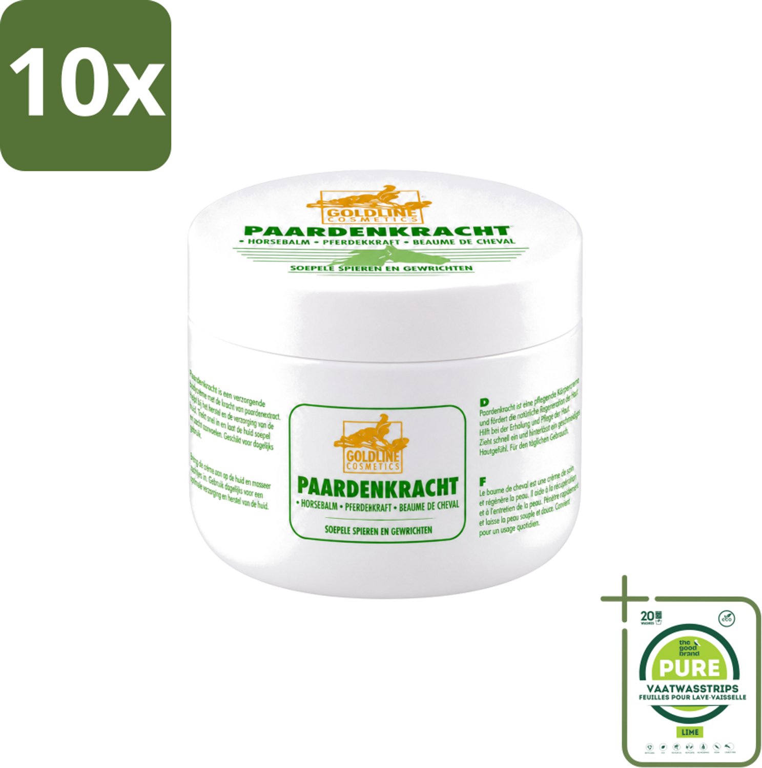 10 x Goldline - Bodycrème - Paardenkracht - Herstel & Verzorging - 250 ml - Grootverpakking - Vaatwasstrips - Paardenkracht Bodycrème - Huid Herstel - Huid Verzorging - Spieren Verzorgen - Gewrichten Verzorgen