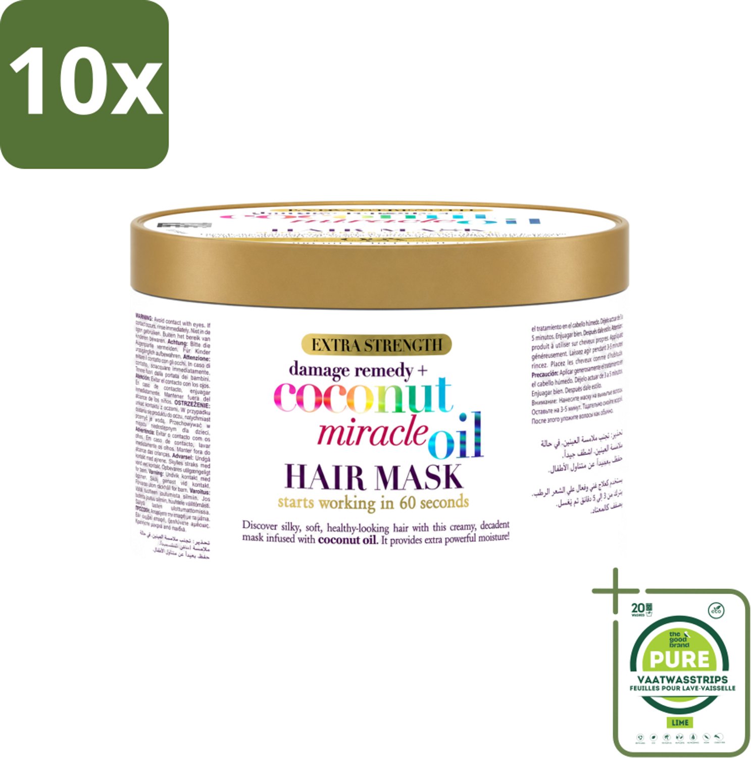 10 x OGX - Coconut Miracle Oil - Haarmasker - Intens Voedend - Voor Beschadigd Haar - 300 ml - Grootverpakking - Vaatwasstrips - Haarmasker - Kokosolie - Voeding Haar - Beschadigd Haar - Pluis