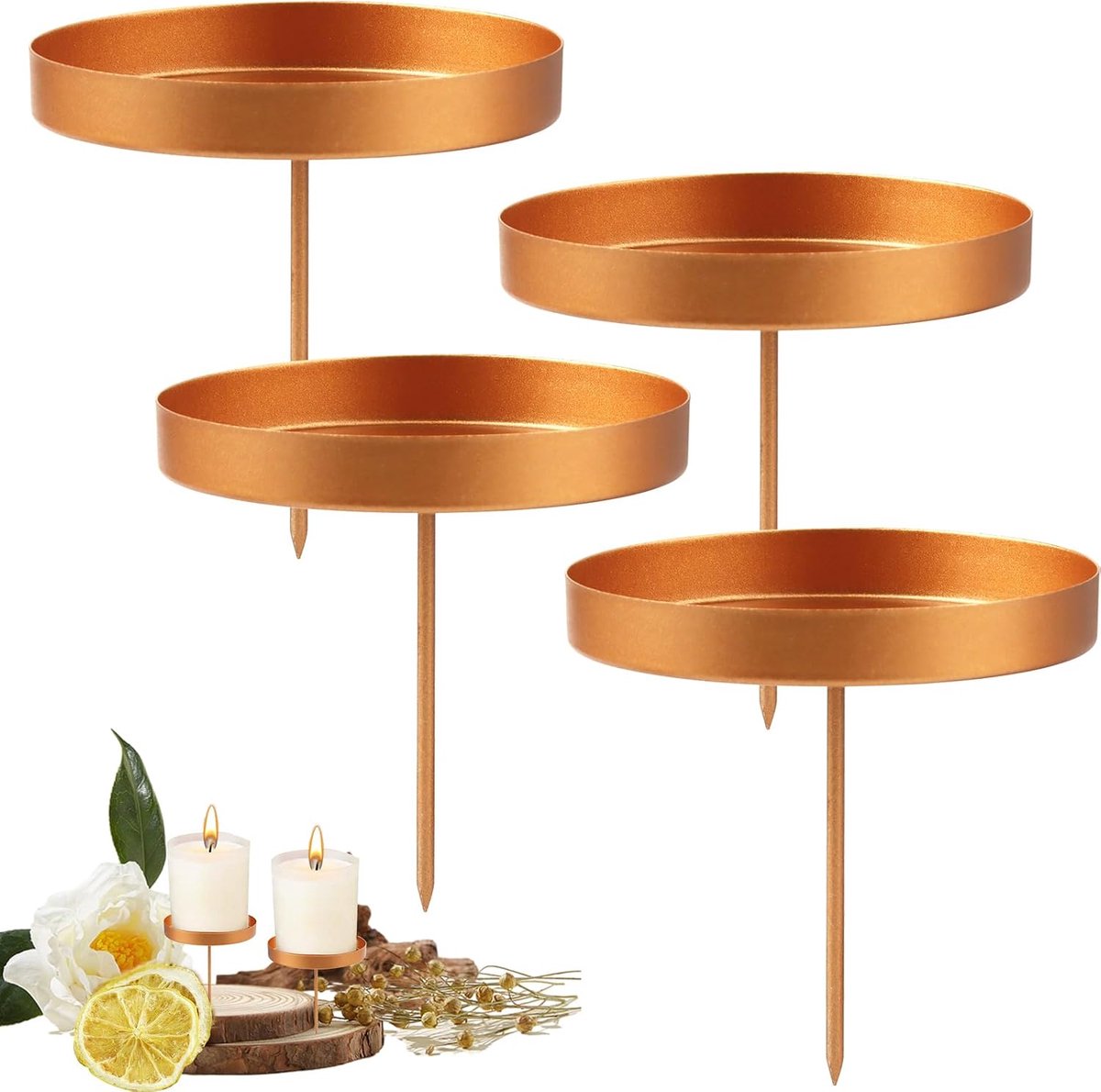 Kaarsenstandaard, 4 communiekaarsen, gouden winterdecoratie, binnen, adventskrans, kaarsenhouder, communiekaarsensteker voor staafkaarsen, adventskaarsen, set van 4 kaarsborden met doorn (goud, schijf