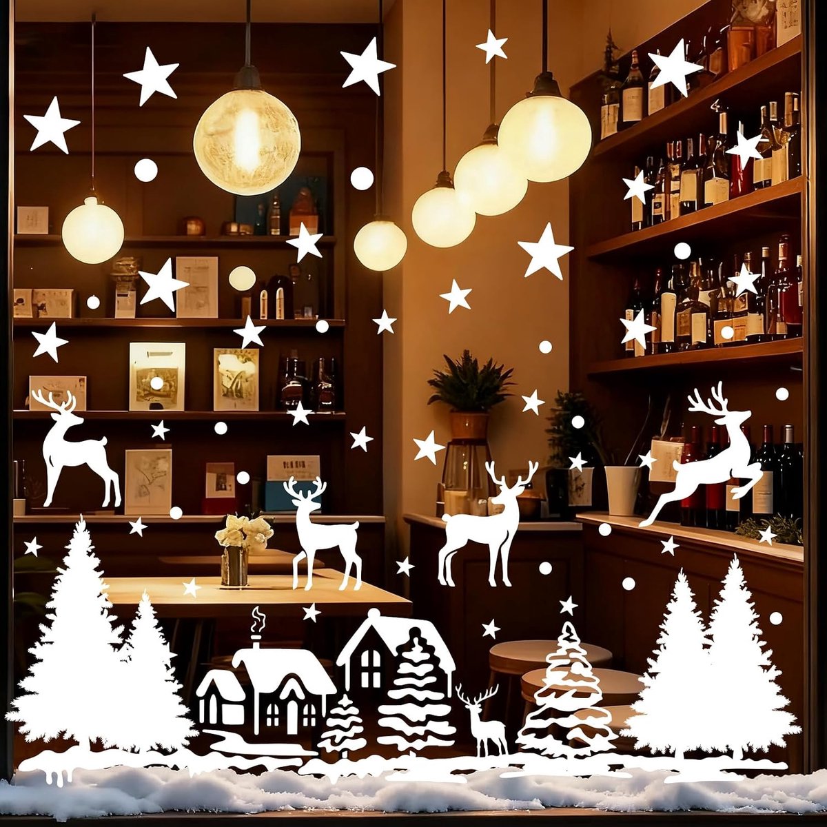 Raamafbeeldingen, winter, raamafbeelding, groot, kerstdecoratie, raamdecoratie, wit, sneeuwvlokken, sterren, huizen, raamstickers, Kerstmis, raamdecoratie, herbruikbaar