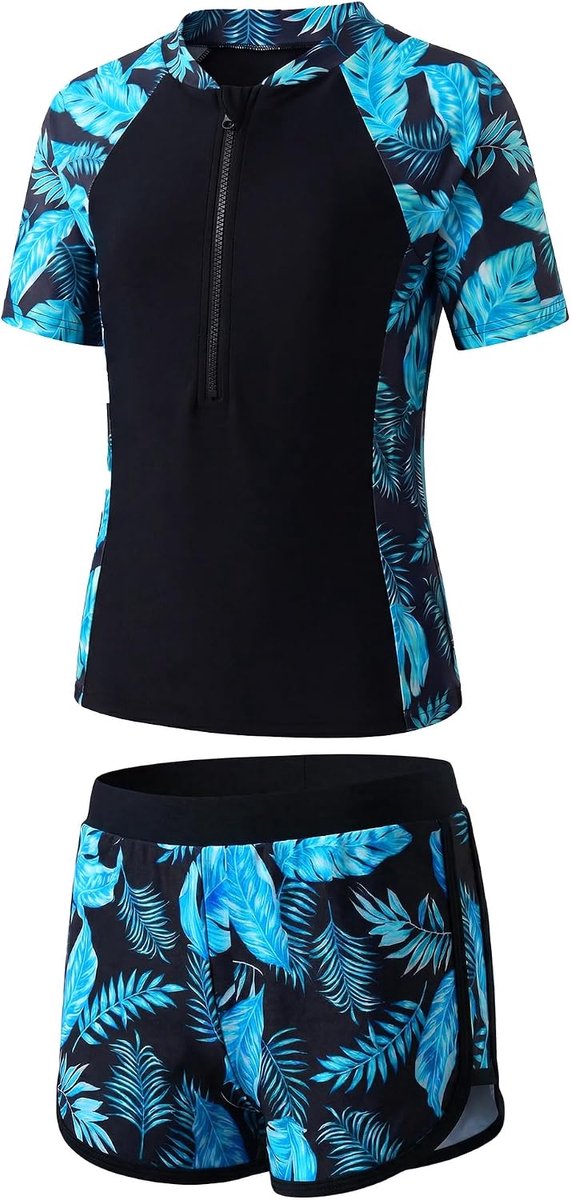Badpakken voor meisjes: zwempak met korte mouwen en korte broek, tweedelig badpak met bloemenpatroon, sneldrogend, topjes met halve rits + zwembroek, 2-delige set zwemkleding voor 5-14 jaar