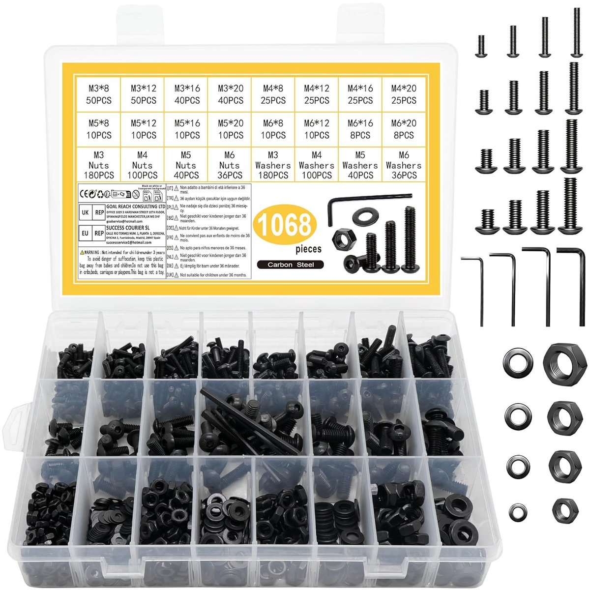 1068 PcsTornillos M3 M4 M5 M6, Tornillos de Cabeza Ronda Hexagonal, Tornillos en Tuercas en Arandelas, Tornillos Negros voor Máquina Bicicletas Huis