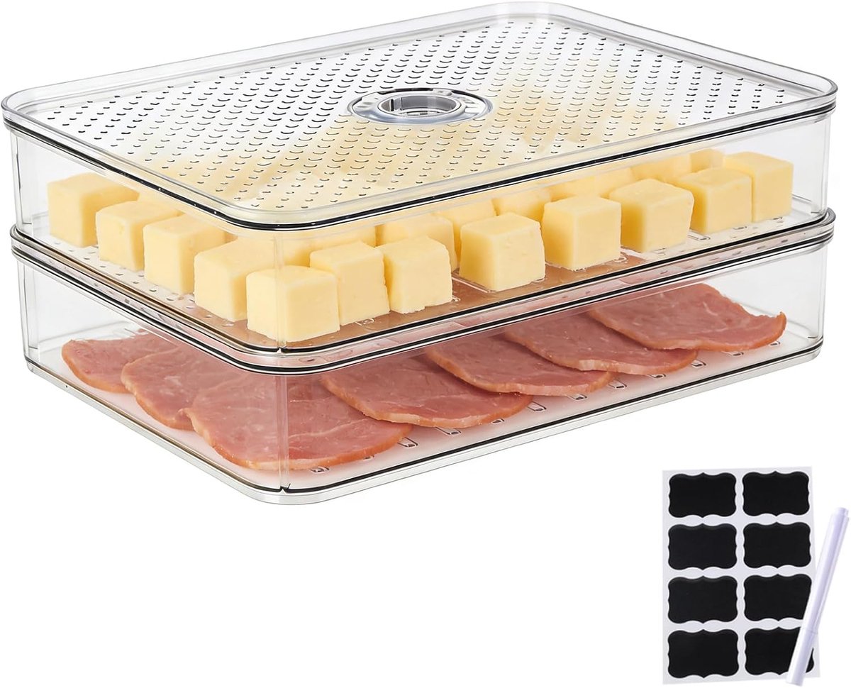 Kaasdoos met 2 lagen met deksel, stapelbare vershouddoos, kaas, transparante koelkast, opbergdoos, kaas voor vleeswaren, worst en levensmiddelen, dubbellaagse kaas, opbergdoos, keuken