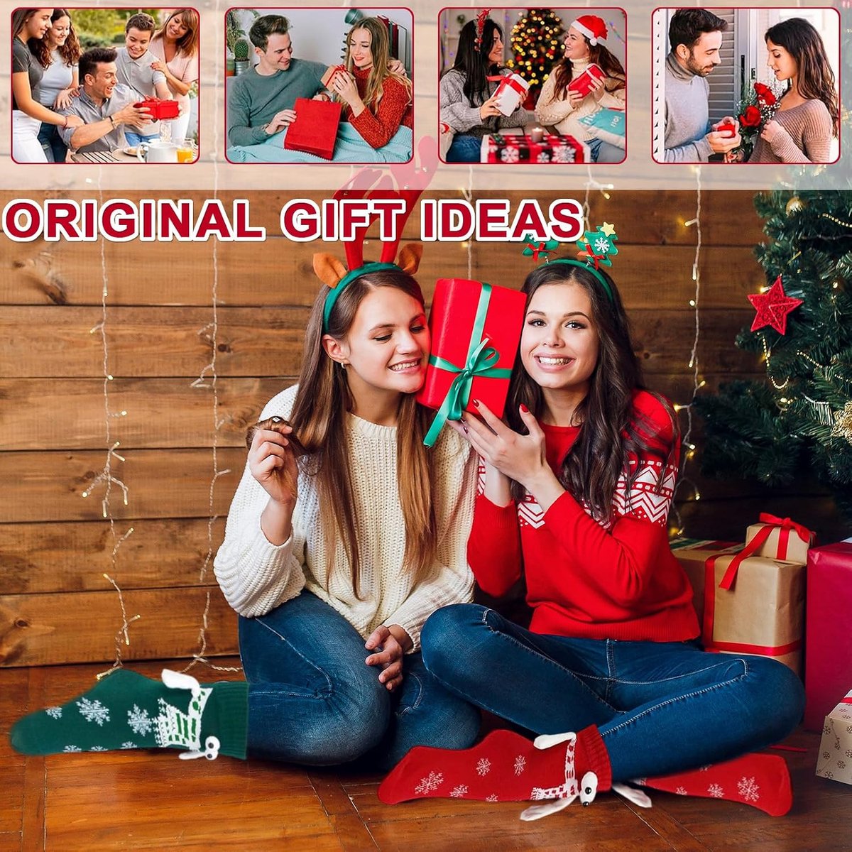 Kousen 2 Stuks Rood en Groen - Unisex Katoenen Sokken met Magnetische Koppeling voor Kerstcadeau