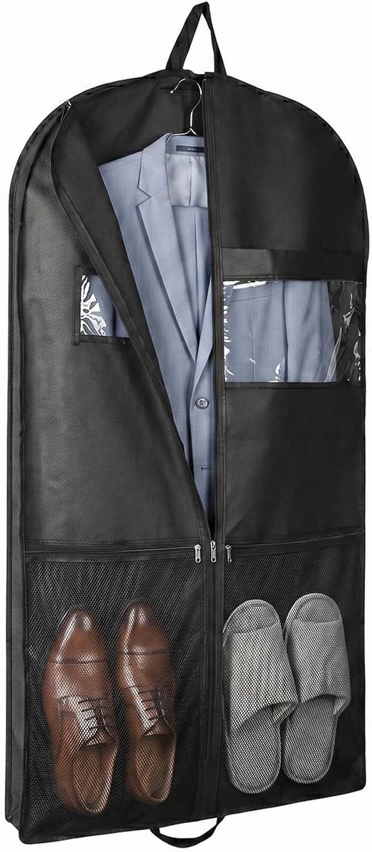 Kledingzak, 110 x 60 x 10 cm, paktas met kijkvenster en ritssluiting, kledinghoes met schoenenvak, netvakken, draaggreep voor pak, overhemden, jurken, schoenen, reizen, zakenreizen, hotel, opslag