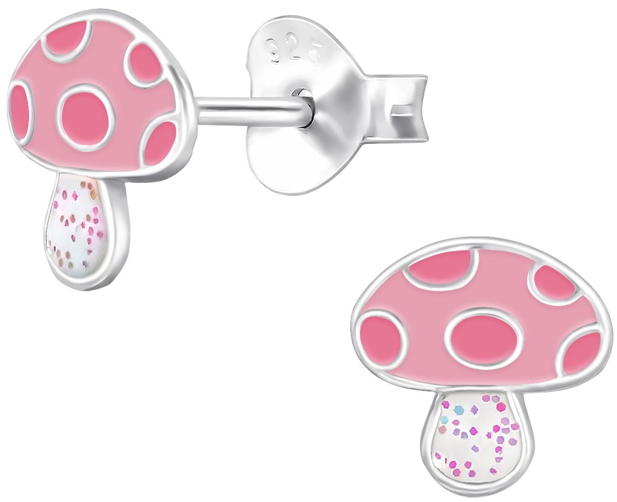 Joy|S - Zilveren paddenstoel oorbellen - paddenstoel roze met wit en glitter - 7 mm - kinderoorbellen - sterling zilver 925