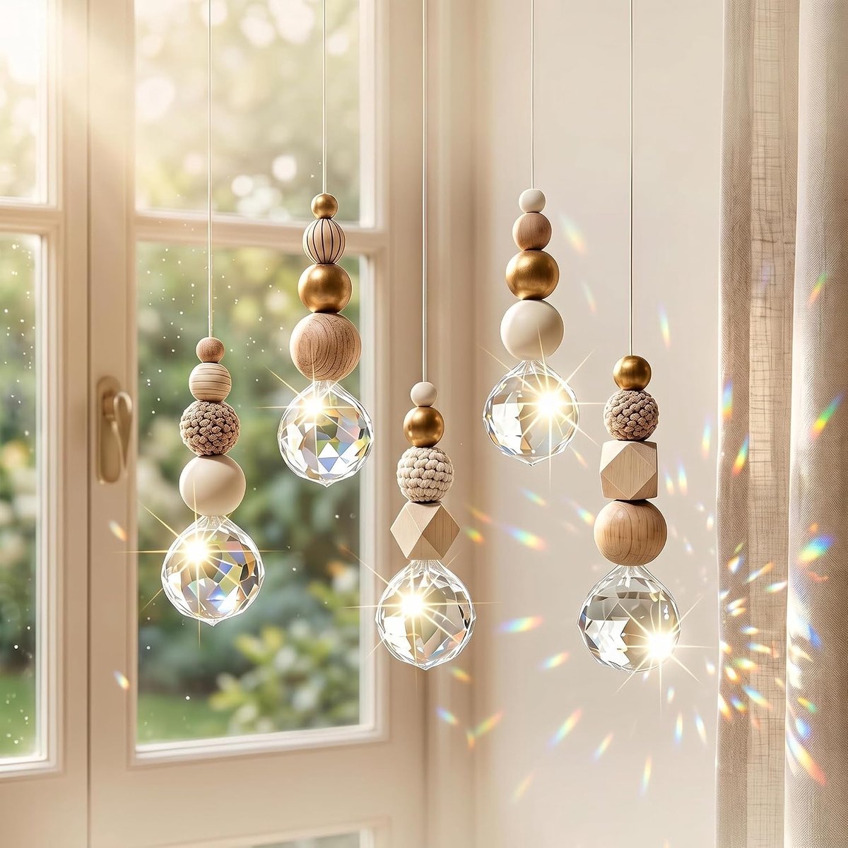 Zonnevangers kristallen raam, zonnevlaggers met houten kralen en kristallen bol hangend, lichtvanger, raamdecoratie hangend, suncatcher kristal voor raam, tuin, feest, bruiloft decoratie