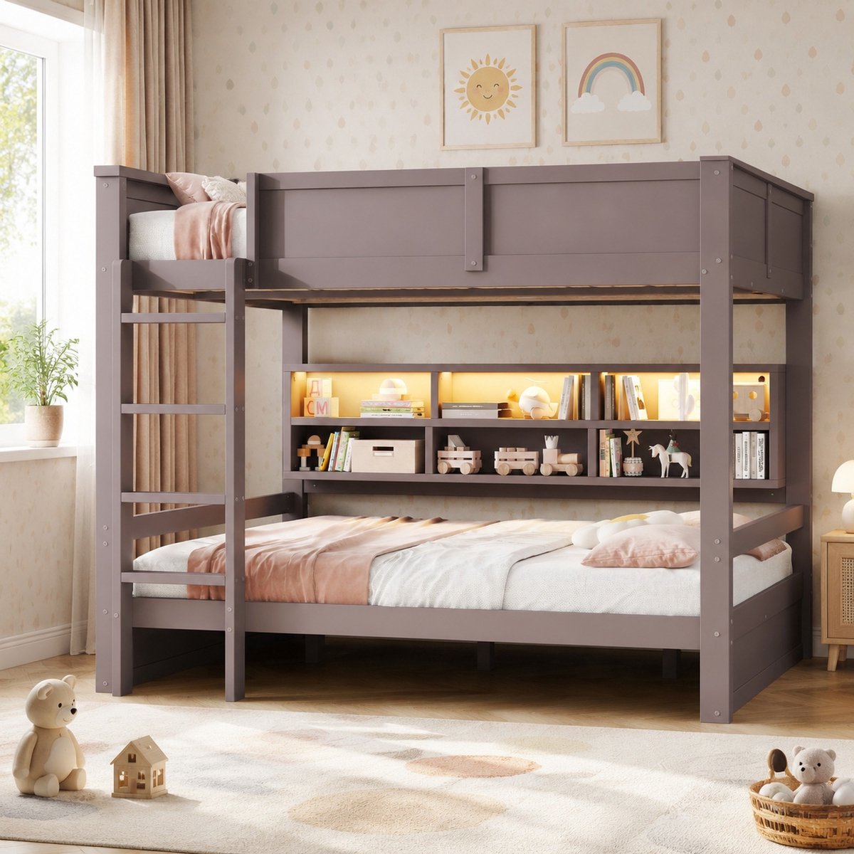 WUVRIE Stapelbed 160x200 cm met 6 opbergkasten, LED-verlichting en veiligheidshekken, bruin