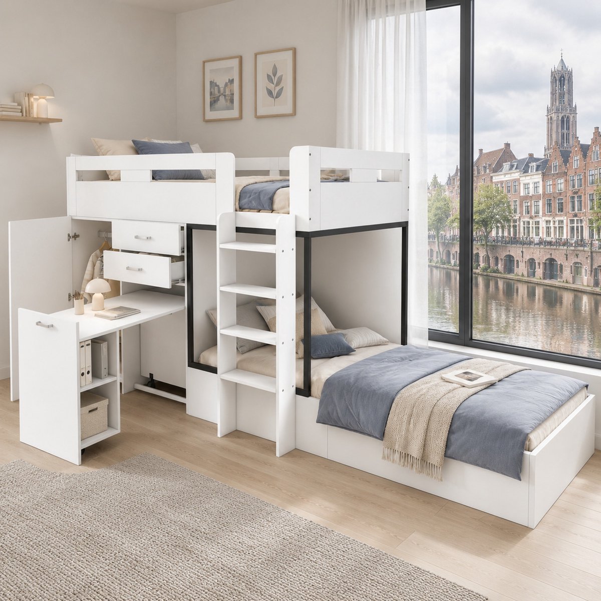WUVRIE Stapelbed 90x200 cm met uitschuifbaar bureau, kledingkast, 2 lades en trap, wit/zwart