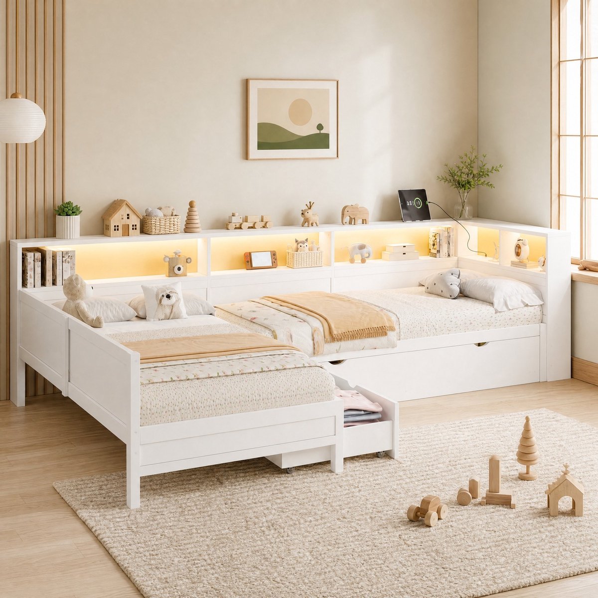WUVRIE L-vormig platformbed 90x200 cm met uitschuifbed, lade, LED en laadstation, wit