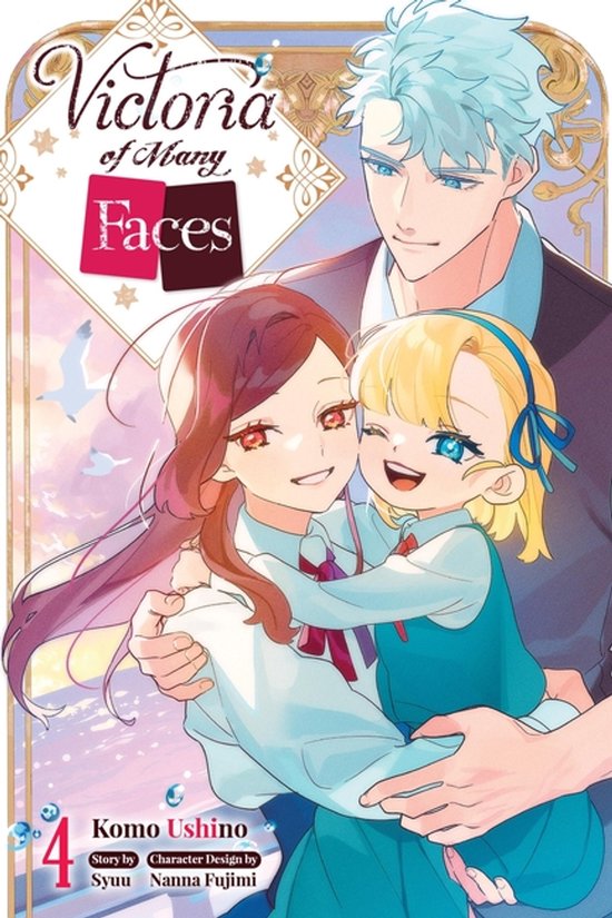 Manga-cover Victoria of Many Faces, deel 4: een man met lichtblauw haar houdt een vrouw en een klein blond meisje vast.