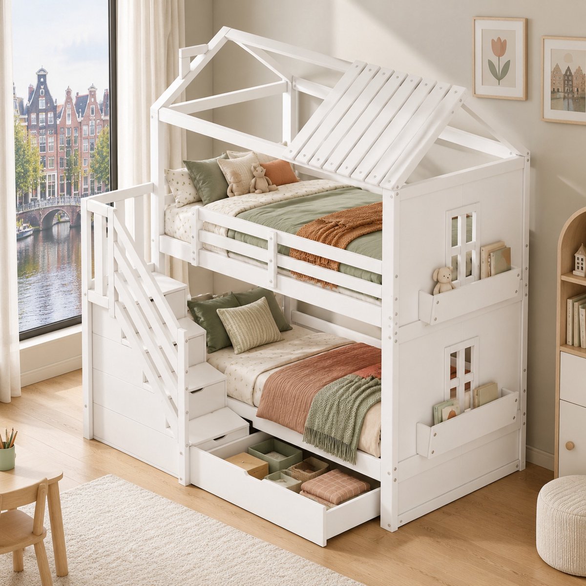 WUVRIE Kinderstapelbed 90x200 cm met opbergtrap, lades, planken en valbeveiliging, wit