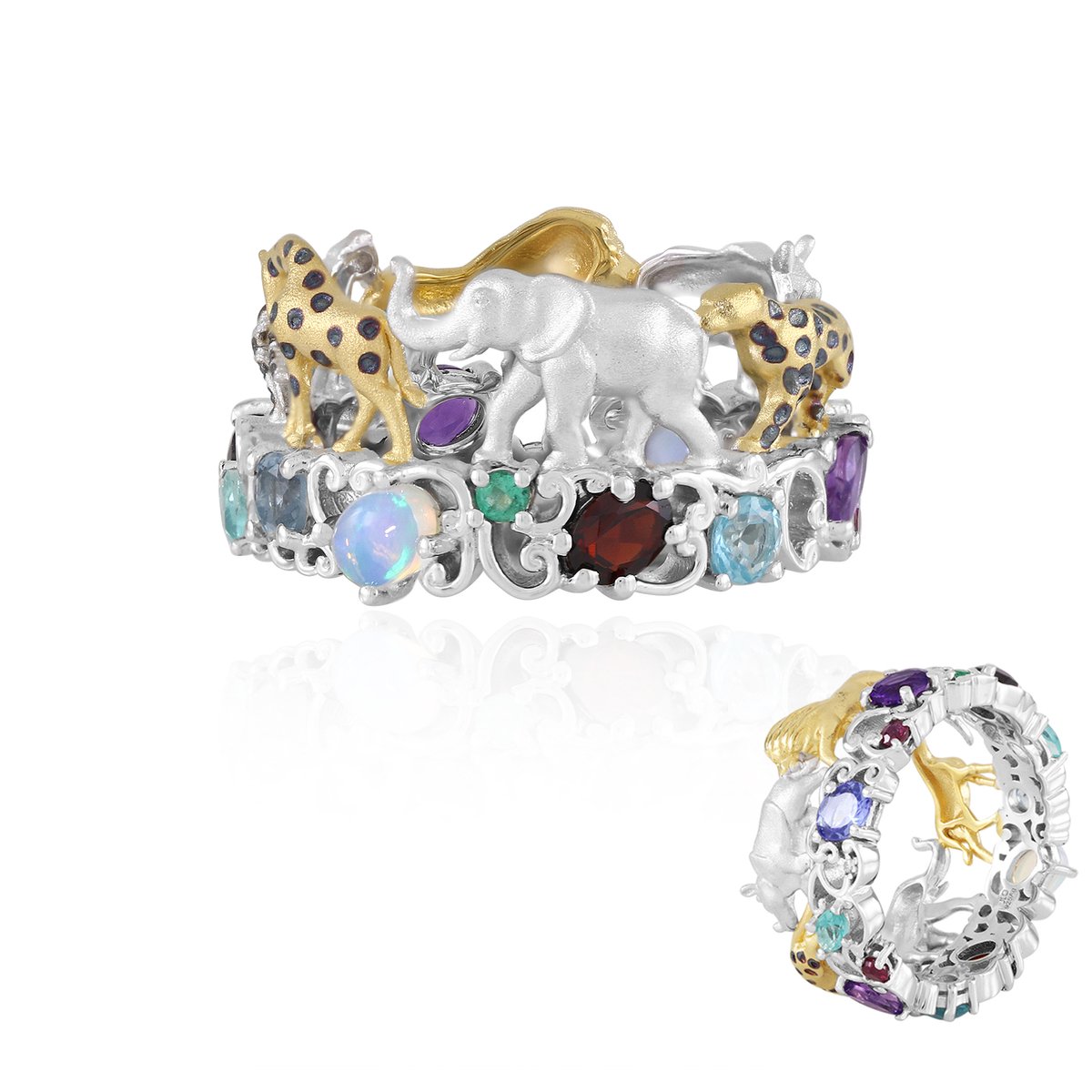 Cavill - Zilveren Dierenring - 925 Sterling Zilver met Palladium - 1,93 ct Amethist, Tanzaniet & Welo-opaal - Elegante Kleurrijke Edelstenen