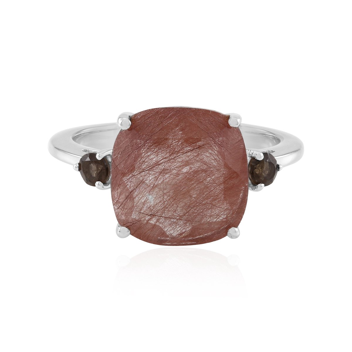 Cavill - 925 Sterling Zilver Ring - 5,334 ct Koperkleurige Rutielkwarts & Rookkwarts - Antiek Kussen Geslepen - Rhodium Luxe Sieraad