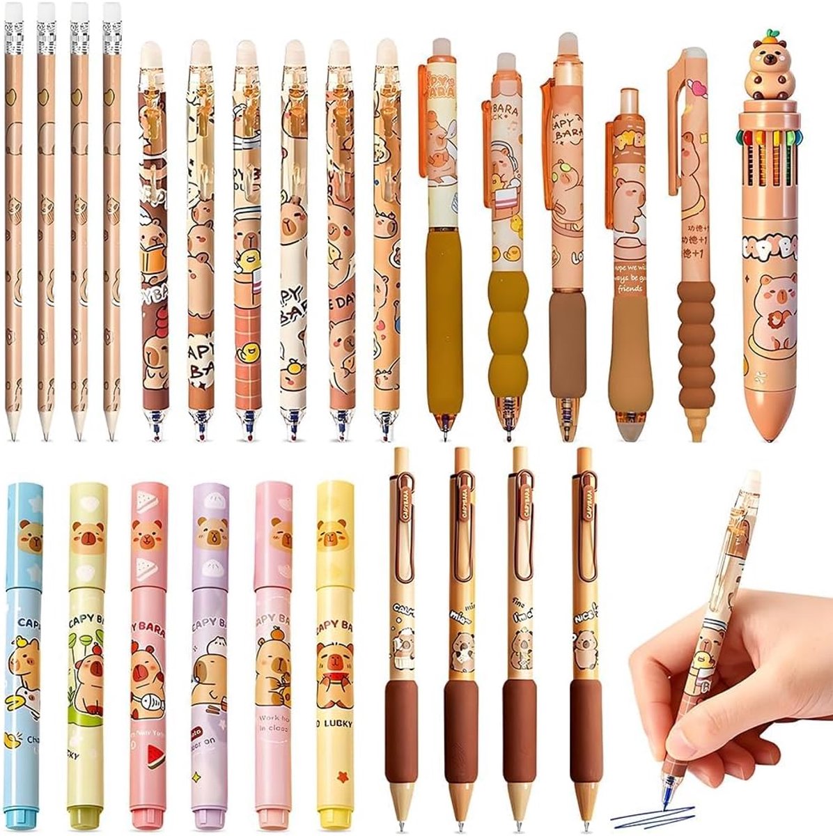Pennenset, 26 stuks, 6 motieven, uitwisbare gelstiften, 0,5 mm, met gum, cartoon Capibara, markeerstift, gelpen, ideaal cadeau voor school, kantoor, leraar, scholieren (zwarte inkt)