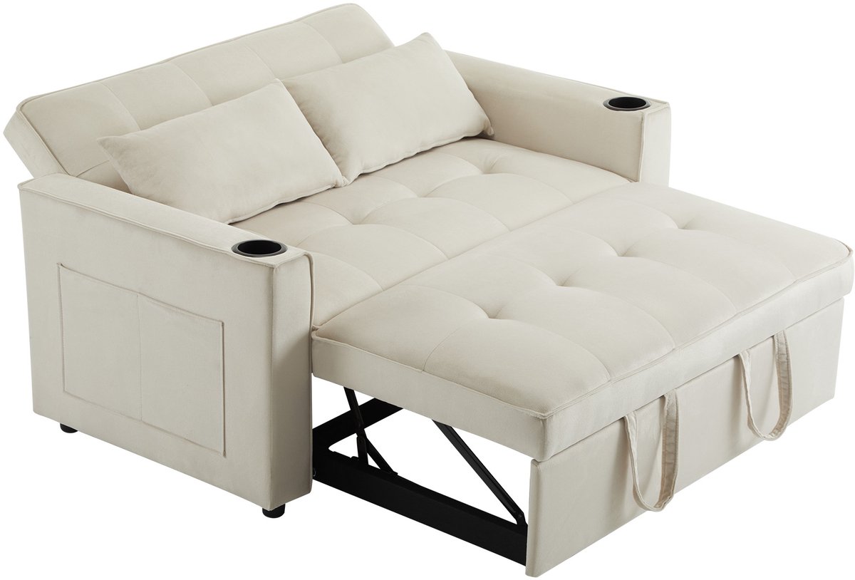 MEUBLE COSY 2-Zits Slaapbank - Uittrekbaar Fluweel Met Bekerhouder Kussens - Beige