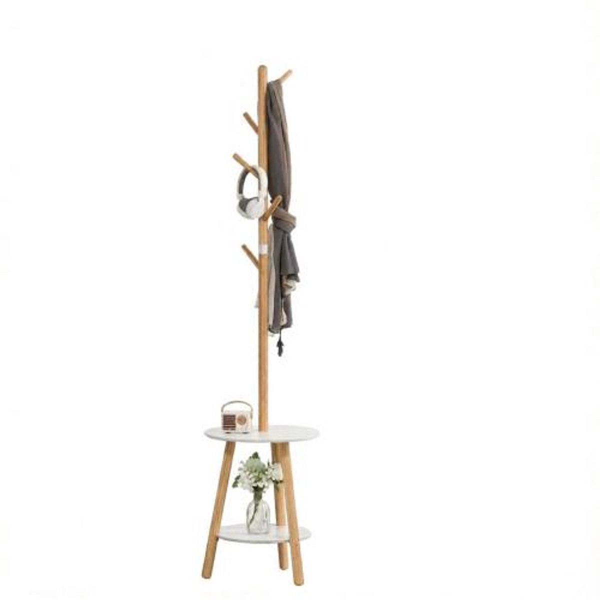 Rolipo Kapstok - Staande kapstok - Kapstok Hout - Kapstok Staand met plank - Garderoberek - 5 Haken - 171 cm - Natuurlijk/Wit