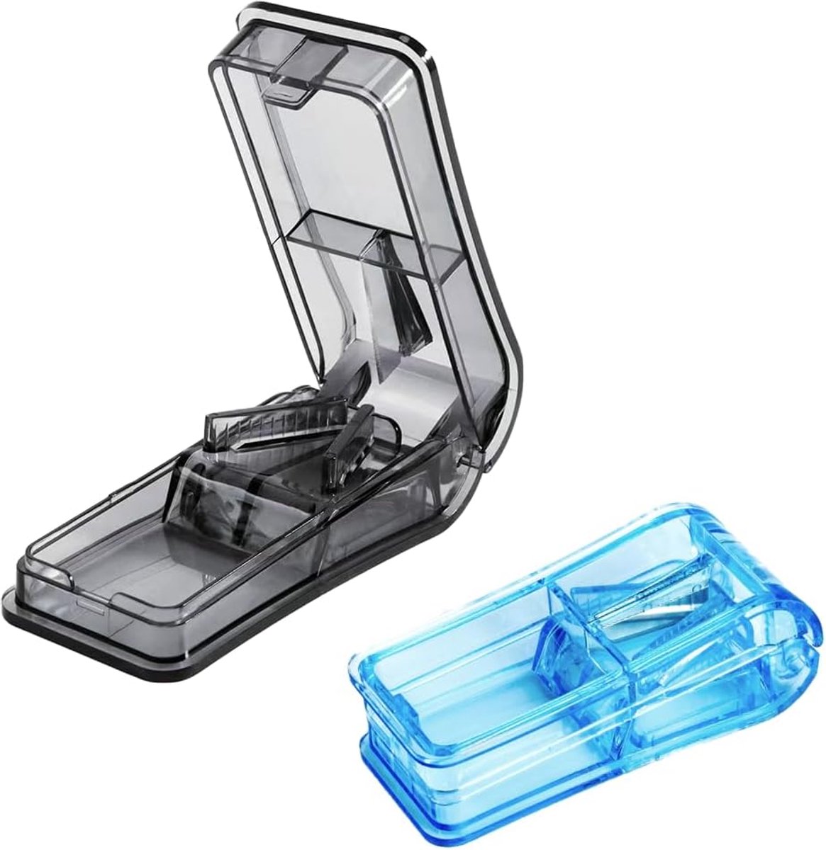 Compressiesnijder en medicijnen, 2 stuks, blauw en grijs, 9 x 4 x 3 cm, draagbaar, met lemmet van roestvrij staal, voor kleine en grote zegels, medicijnen voor op reis, praktisch