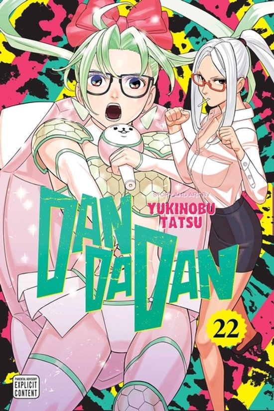 Manga omslag: Dandadan volume 22, met twee jonge vrouwen, een met groen haar en bril, de ander met wit haar en bril. Opvallende kleuren achtergrond.