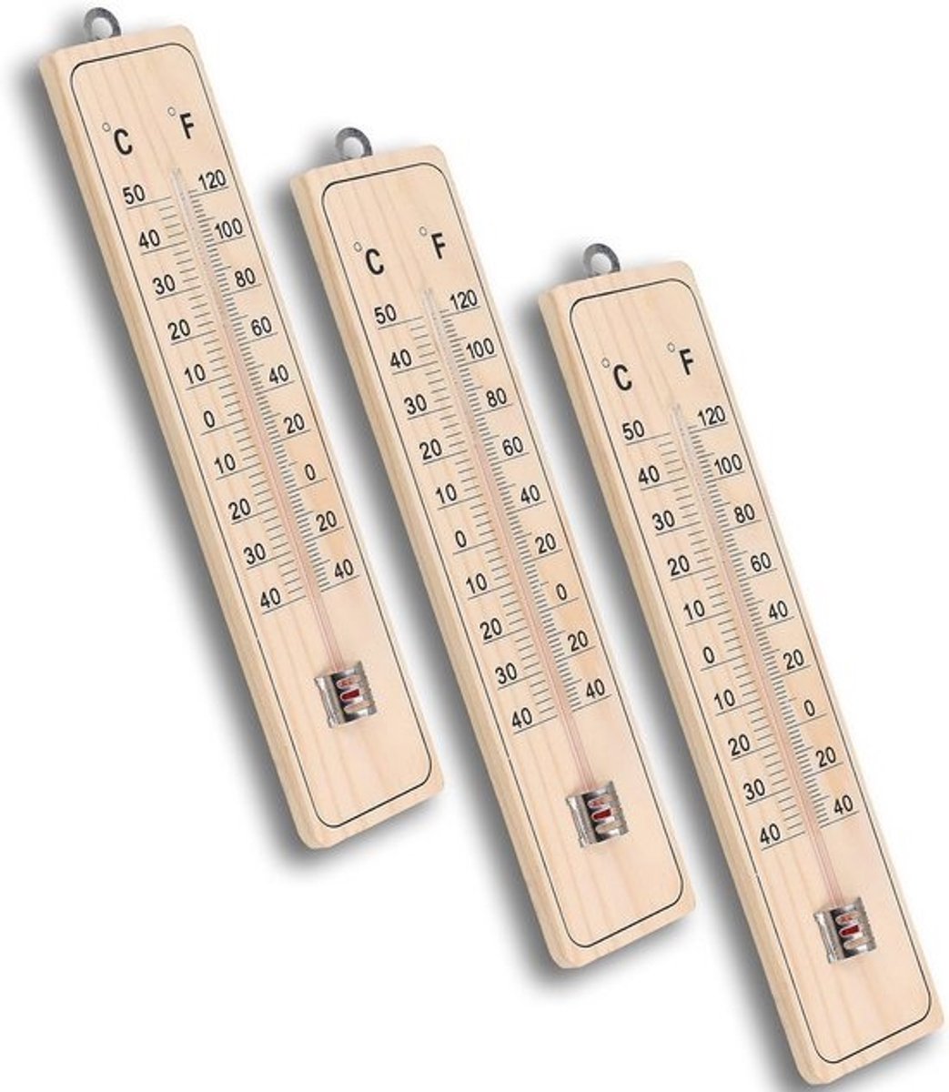 3x houten analoge buiten- en binnenthermometer - Voor tuin, kas en balkon - C/F-weergave