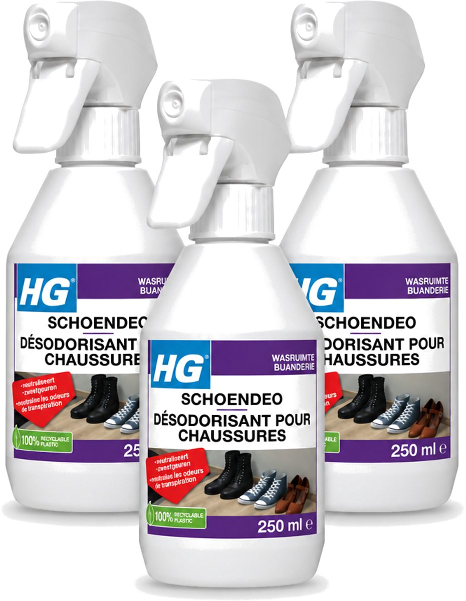 3 x HG - Schoendeo - Neutraliseert Zweetgeuren - Gemakkelijk in Gebruik - 250 ml - Voordeelverpakking - 3 stuks