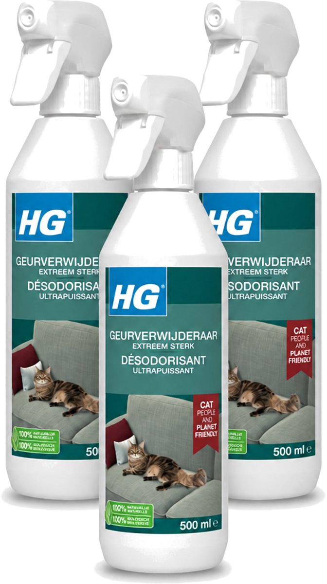 3 x HG - Geurverwijderaar - Extreem Sterk - Tegen Kattengeuren - 100% Biologisch - 500 ml - Voordeelverpakking - 3 stuks