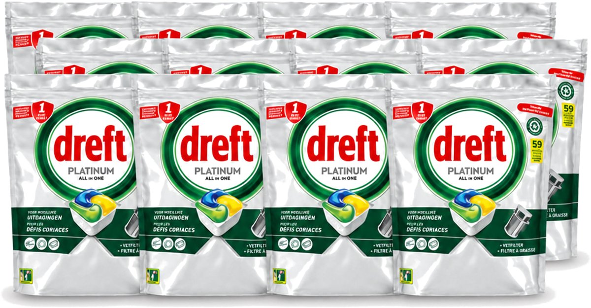 12 x Dreft – Vaatwastabletten – All-in-One Platinum – Lemon – 59 Tabletten - Voordeelverpakking - 12 stuks