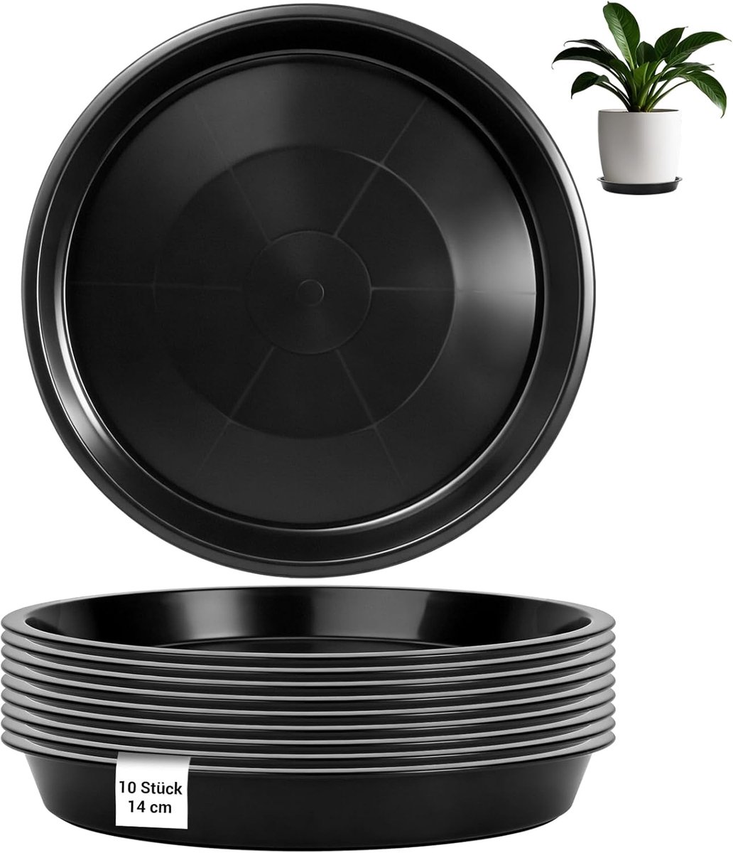 10 stuks bloempotonderzetters, kunststof onderzetters, bloempot met een diameter van 14 cm, ronde bloemenonderzetters, voor binnen en buiten, zwart