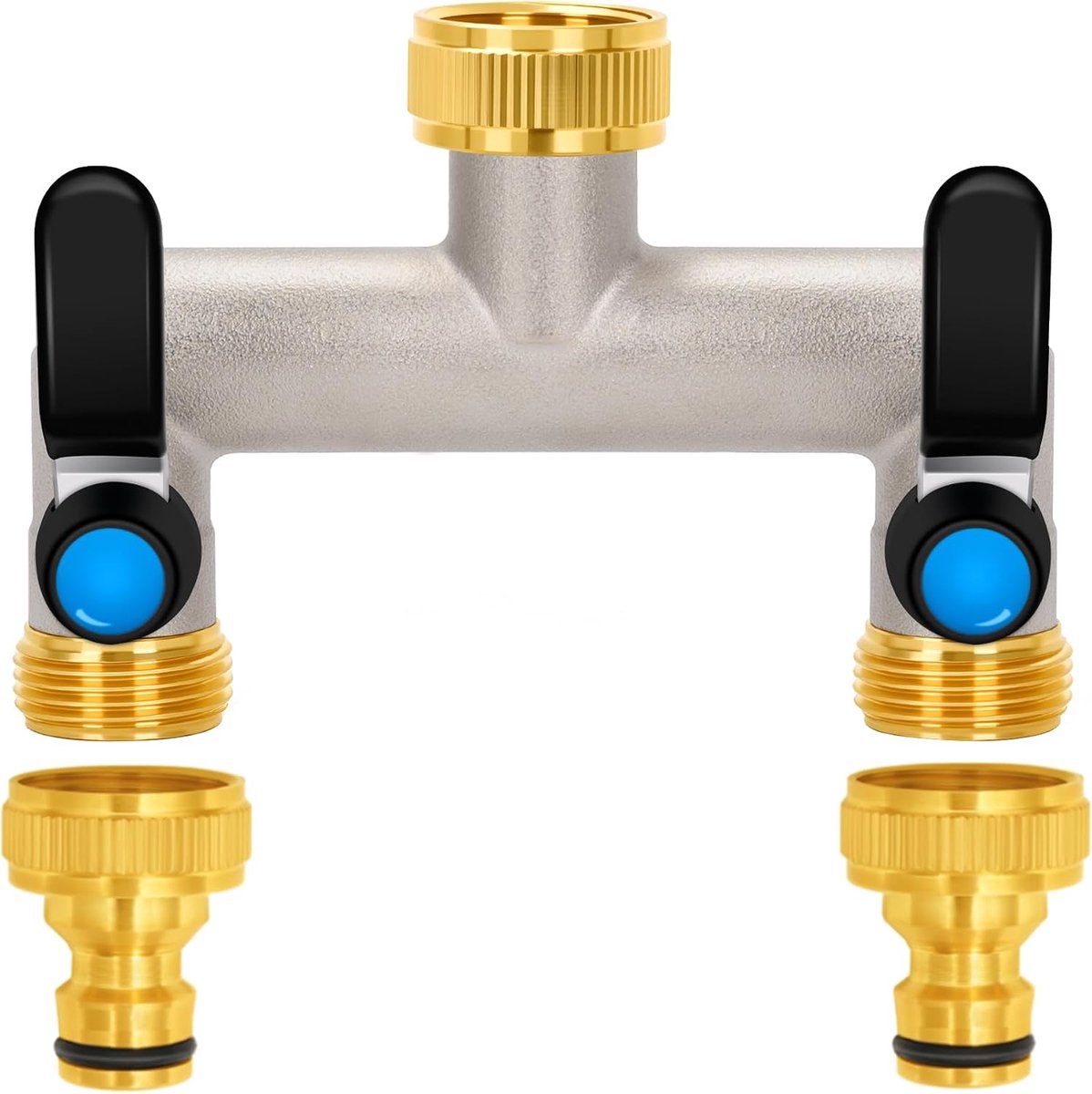 2-weg waterverdeler, 304 roestvrijstalen handgreep, 3/4 inch messing wateraansluiting verdeler met individuele afsluitkranen, 2 3/4 inch verdeler-uitgangen voor apparaten/tuinslangen