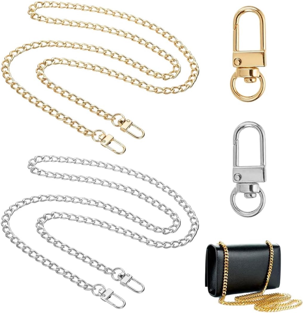 4 stuks taskettingen, 120 cm, draagriem, schouderriem voor tassen, handtaskettingen, verstelbare kettingriem voor dames, tashengselketting voor handtassen, schoudertas (goud, zilver)