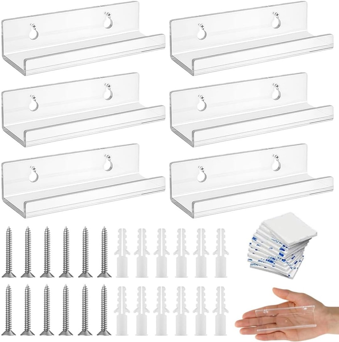 6 stuks vinyl wandhaken, transparant, zwevend, van acryl, wandhouders voor platen, vinylplank, accessoires inbegrepen, 10 x 3,5 x 3 cm