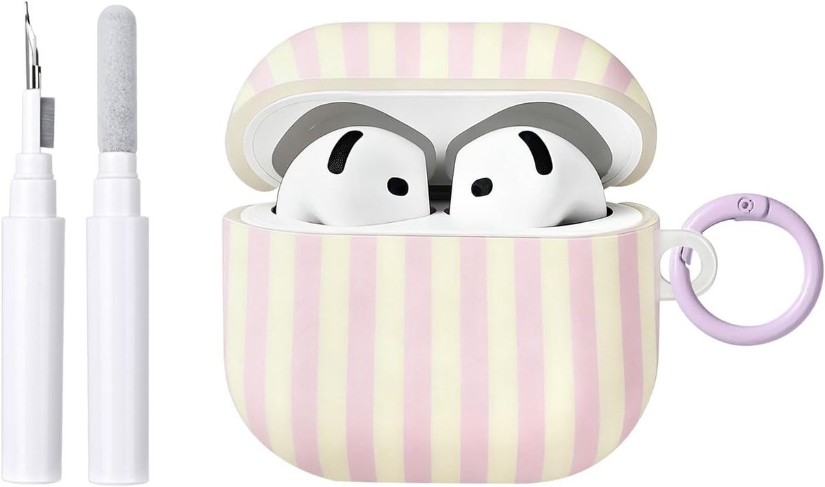 Compatibel met AirPods 4 hoes met reinigingsset, schattig gestreept patroon, esthetisch design, stootvaste en krasbestendige TPU-beschermhoes met sleutelhanger, voor vrouwen en meisjes, paars
