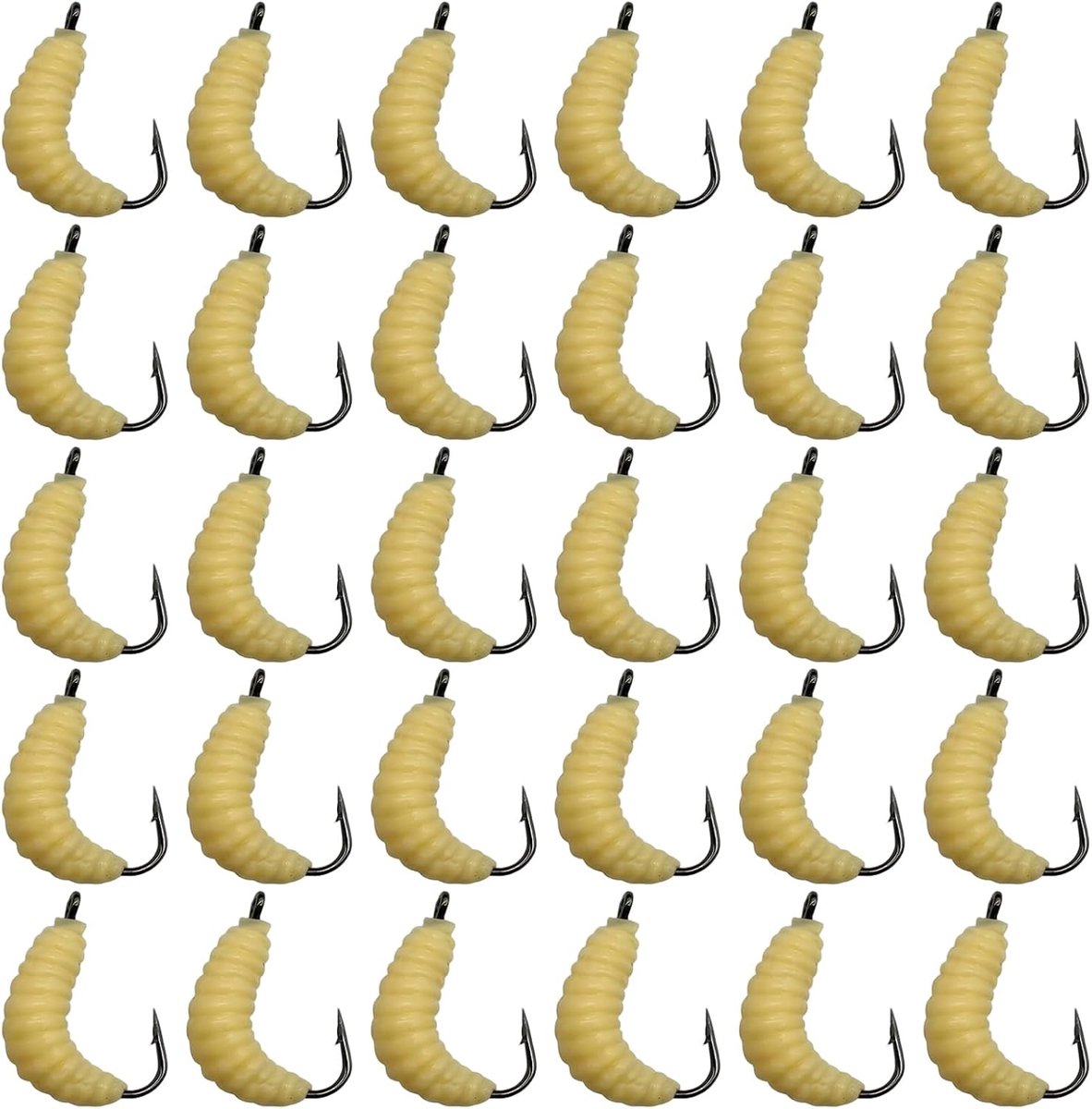 30 stuks visaas met haken, kunstworm, geel, kunstworm, kunstaas, visaas van kunststof, voor forel, karper en zalm, zoetwatervisaccessoires