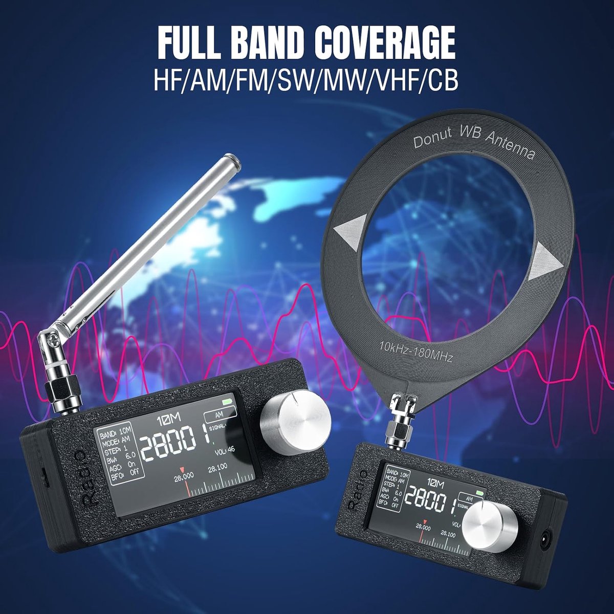Mini Radio DSP-radio Volle Band met Si4732-chip, FM/SW/MW/VHF/CB-ontvanger LSB/USB-modi, Hoofdtelefoonversterker, Zakformaat 1.9" Kleurenscherm, Telescoop- & Donut-antenne, FW-upgrade