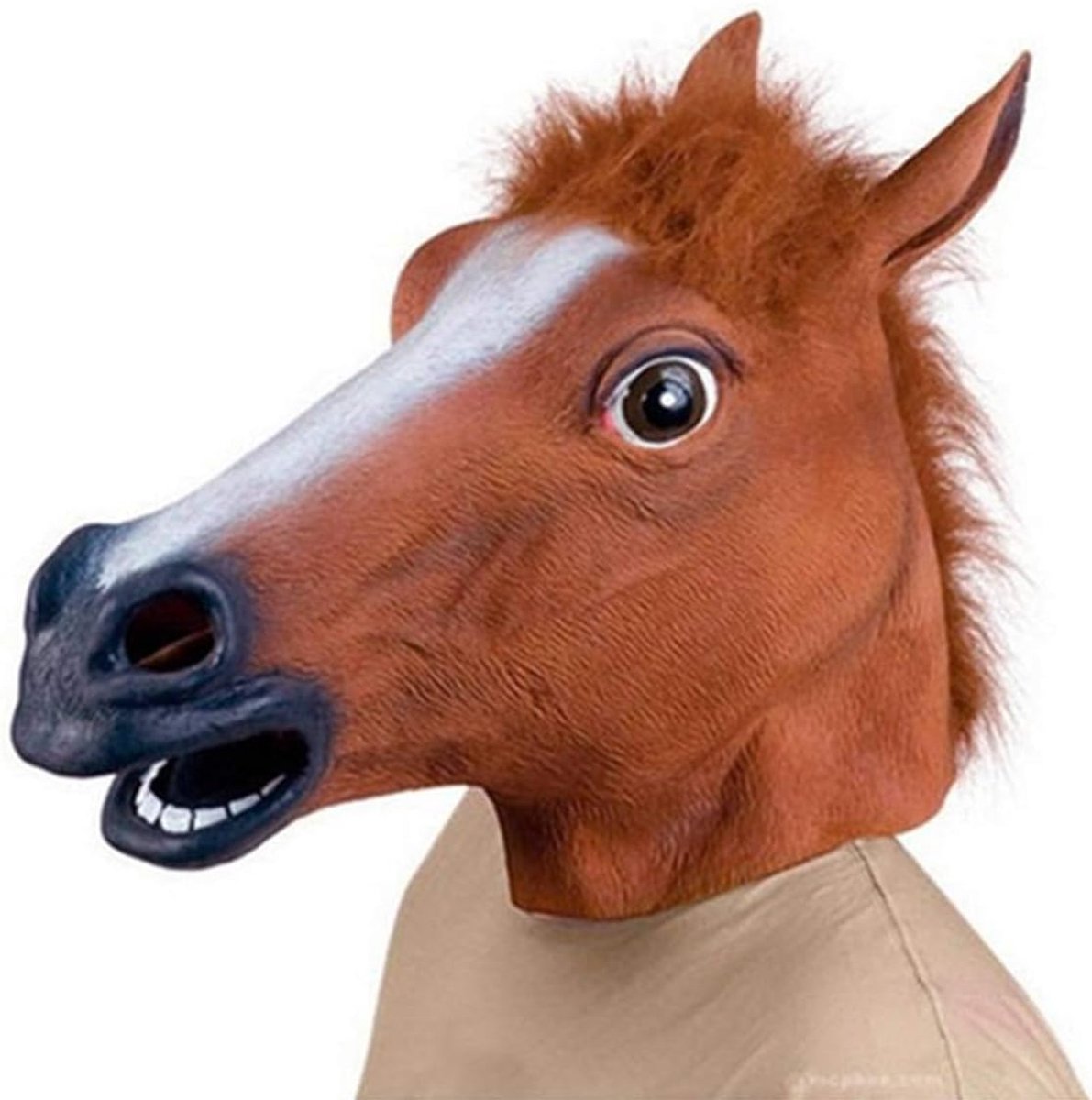 Grappig latexmasker voor Halloween-cosplay, bruin paardenhoofdmasker met oren, ogen, neus en mond, voor