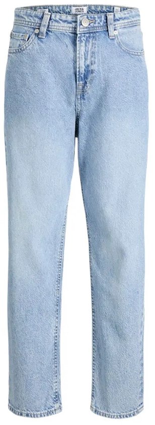 Lichtblauwe jeans met rechte pijpen en knoopsluiting.