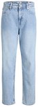 Lichtblauwe jeans met rechte pijpen en knoopsluiting.