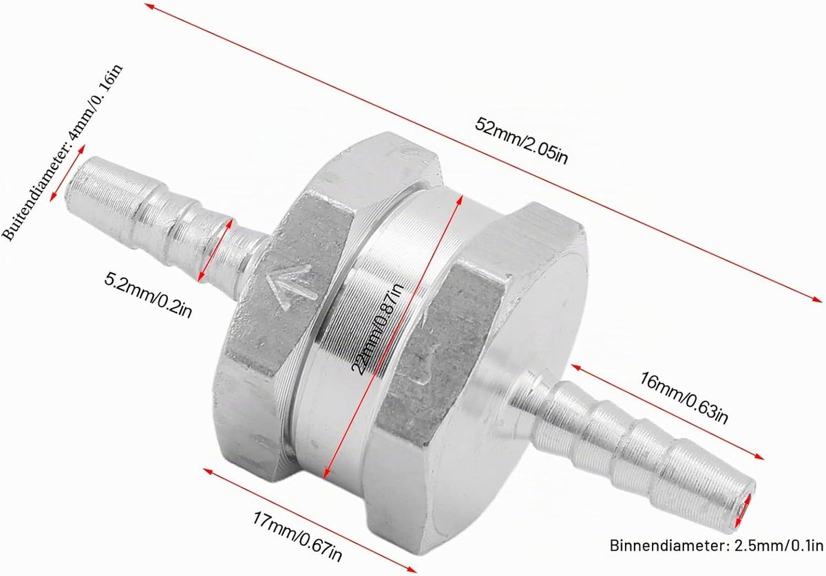 Terugslagklep Non Return One Way Aluminium Universele voor Brandstof Benzine Olie Water(4mm)-4 Mm