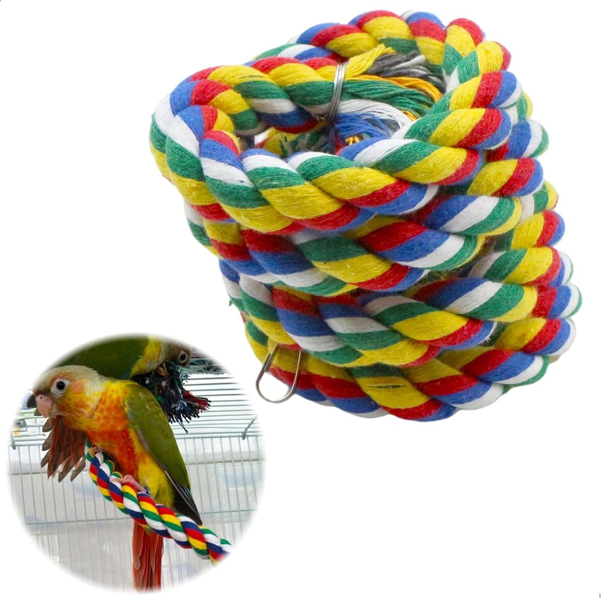 Touw papegaaien klimspiraal schommel - vogels klimtouw slinger, hangende kooi katoenen touw, voor vogelkooi, tuin en ramen, parkieten, met bel, gekleurd, 1 m