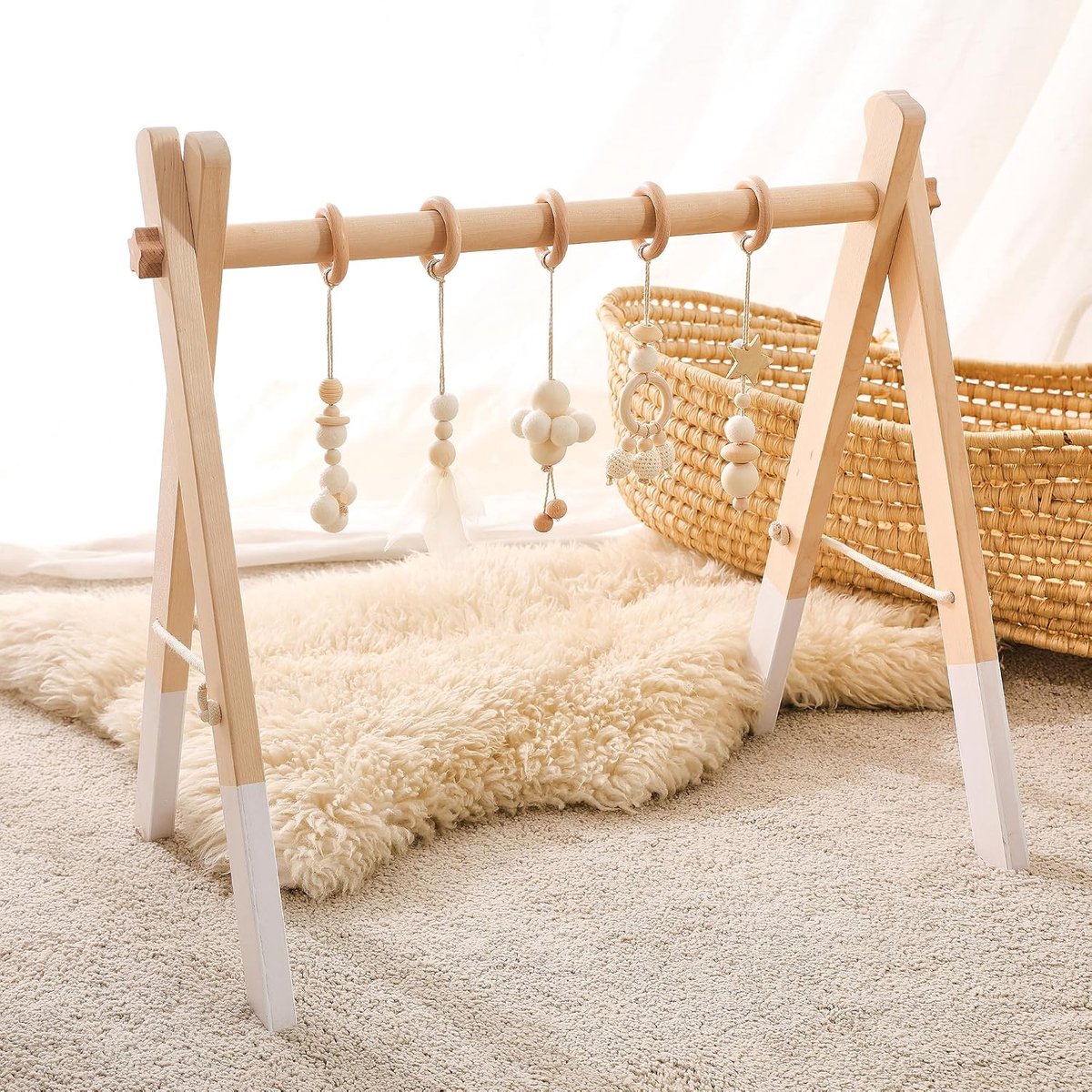 Babyspeelboog Baby Gym Houten Speelboog Luiertafel Baby Activity Baby Speelboog Hout Wit Katoen Ontwerp Baby Hout
