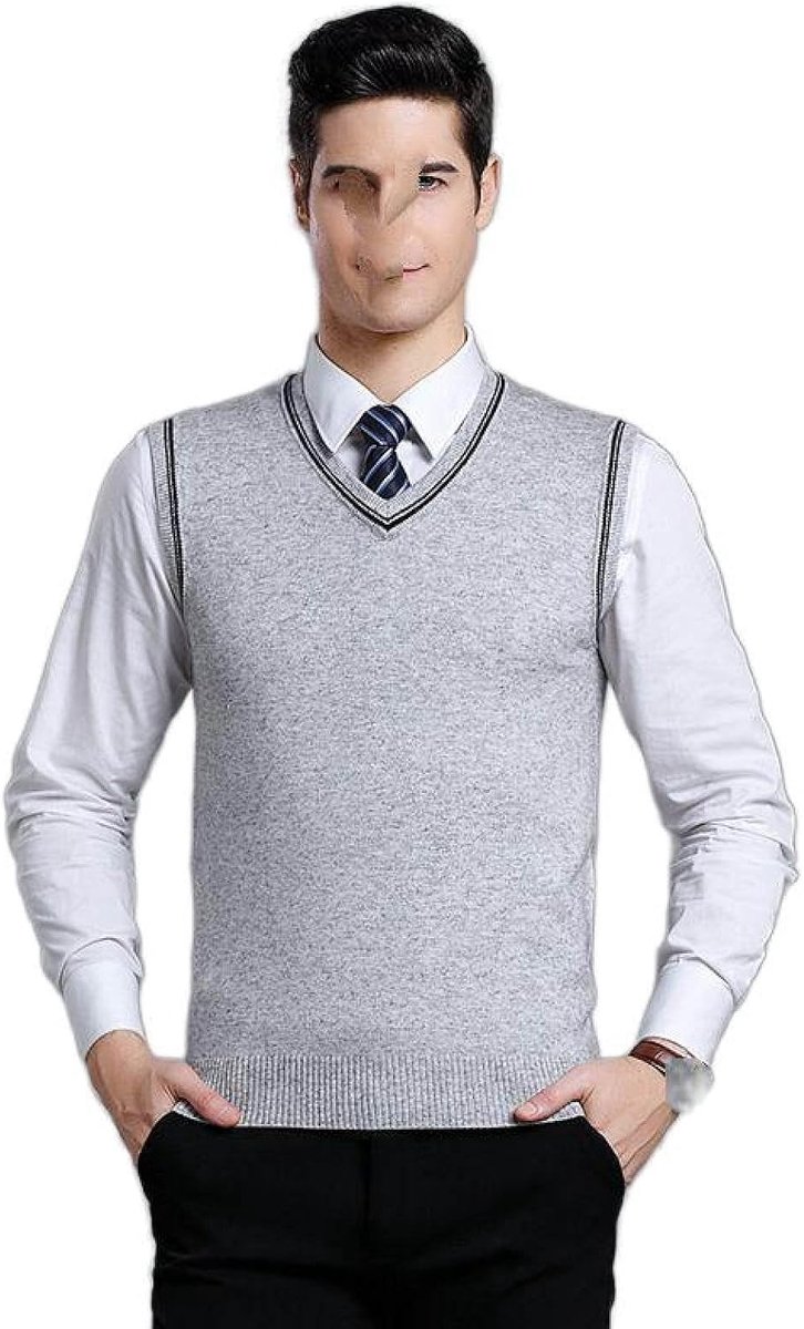 Gestreept Gebreid Vest Met V-Hals, Klassiek Mouwloos Vest Kleurcontrast Heren Kasjmier Trui Vest Herenkleding, Zakelijk Heren Breigoed Gebreid Vest Trui Tanktops, Lichtgrijs, S