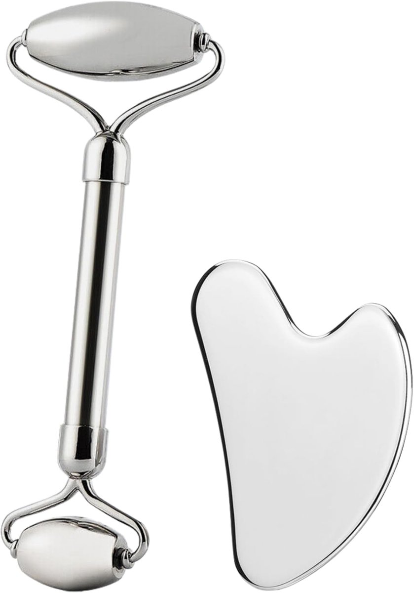 Sha en Gezichtsroller Set van Roestvrij Staal 304 | Massage Tool met Koud Effect, Dubbele Roller voor Gezicht en Ogen | Lymfedrainage, Onderkin, Wallen, Donkere Kringen
