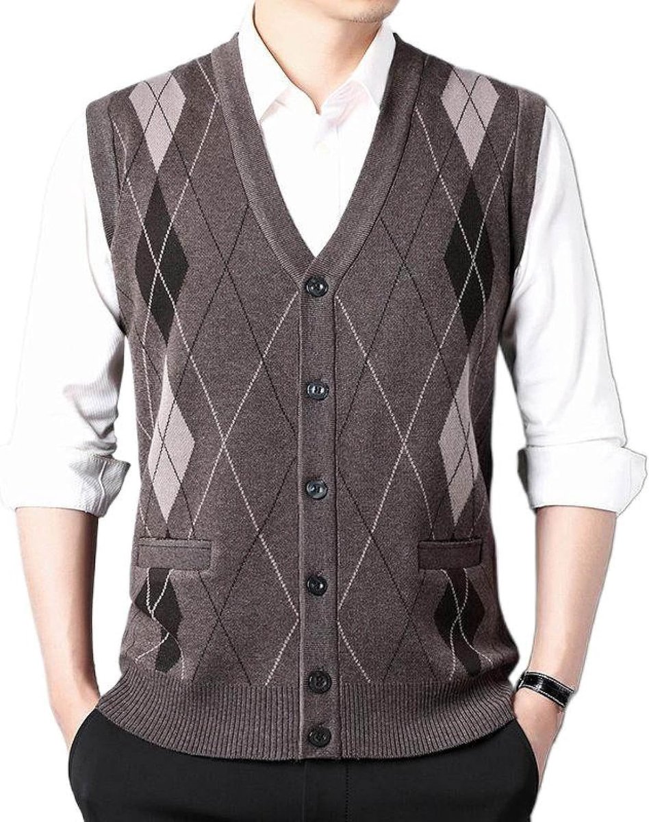 Kasjmier Gemengd Argyle Vest Met V-Hals, Klassiek Kleurcontrast Gebreid Casual En Veelzijdig Mouwloos Vest, Zakelijk Herengebreid Vest, Trui Vest, Tanktops, Camel, S