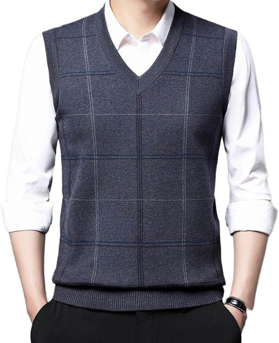 Jeugd Heren Vest Met V-Hals, Klassiek Slank Mouwloos Pullover Trui Kleurcontrast Jacquard Vest, Casual Geruite Print Business Gentleman Knitwear Gebreid Vest Sweater Tank Tops,Medium