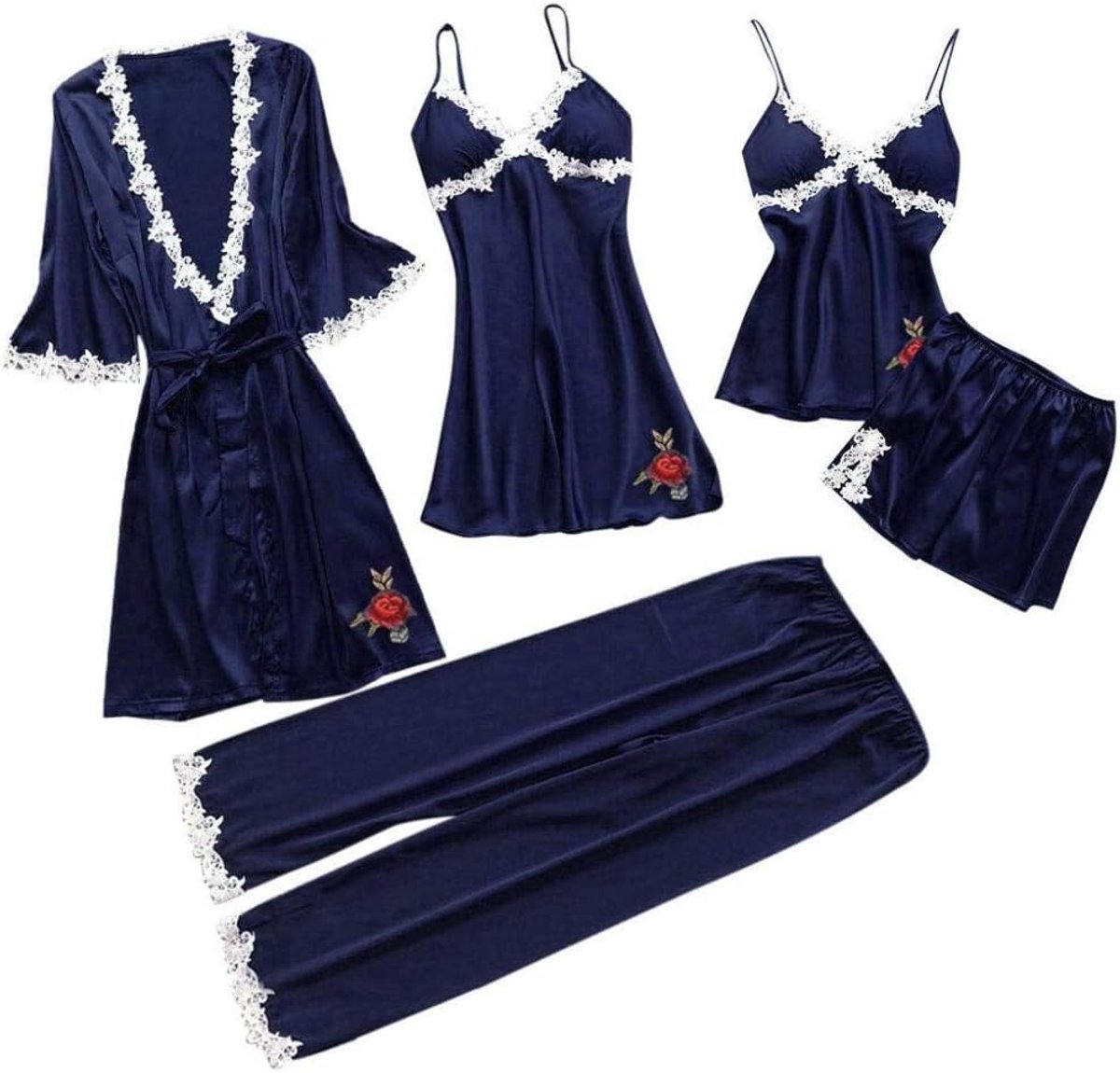Dames Dames Pyjama Sets Faux Zijden Pyjama Nachtkleding Sets Elegante Sexy Kant Homewear V-hals-Navy_L