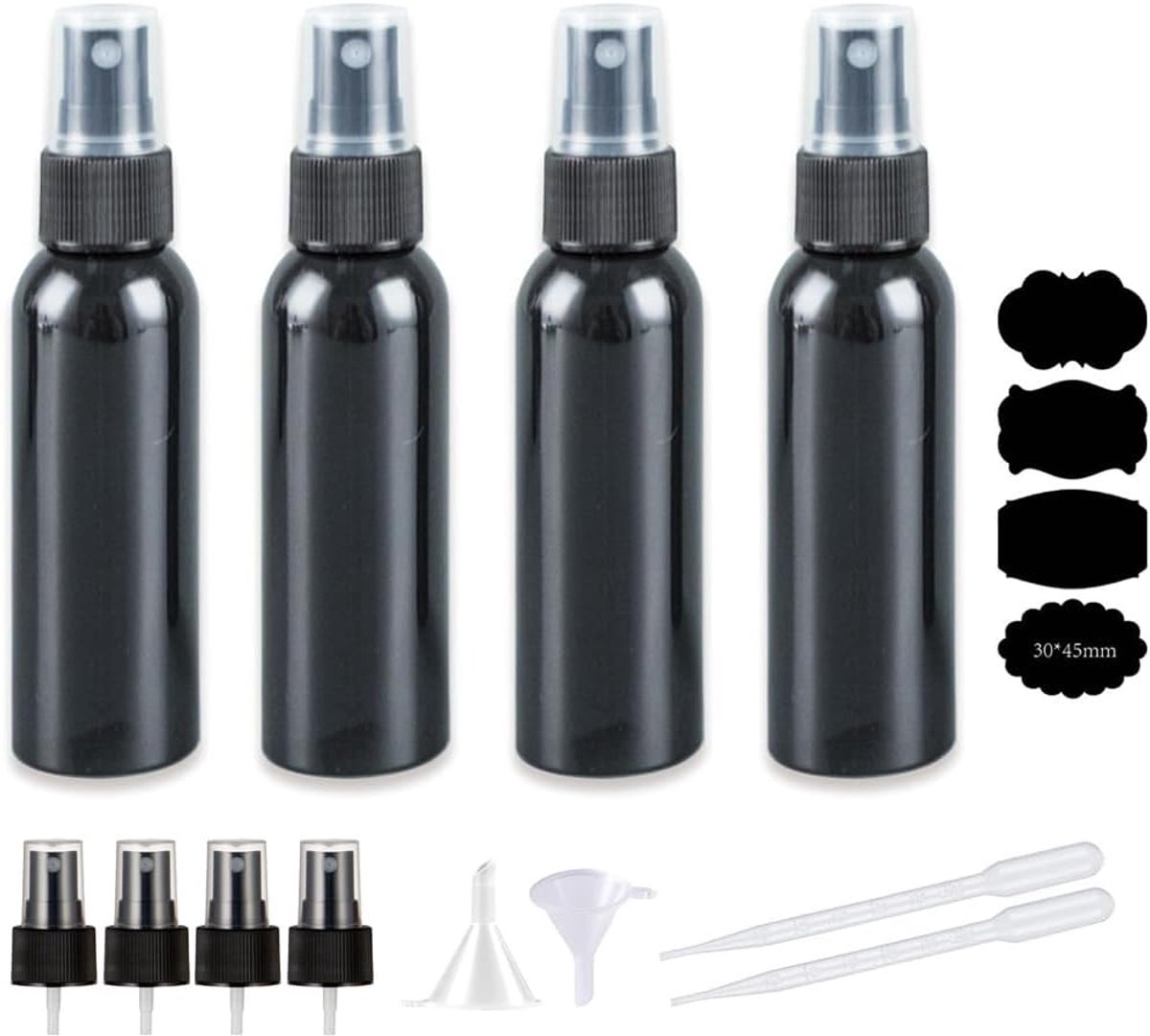 4 sets zwarte spuitfles, 4 oz lege kleine fijne nevel spuitfles, draagbare Misters reisfles voor etherische oliën, parfum, reiniging (120 ml)
