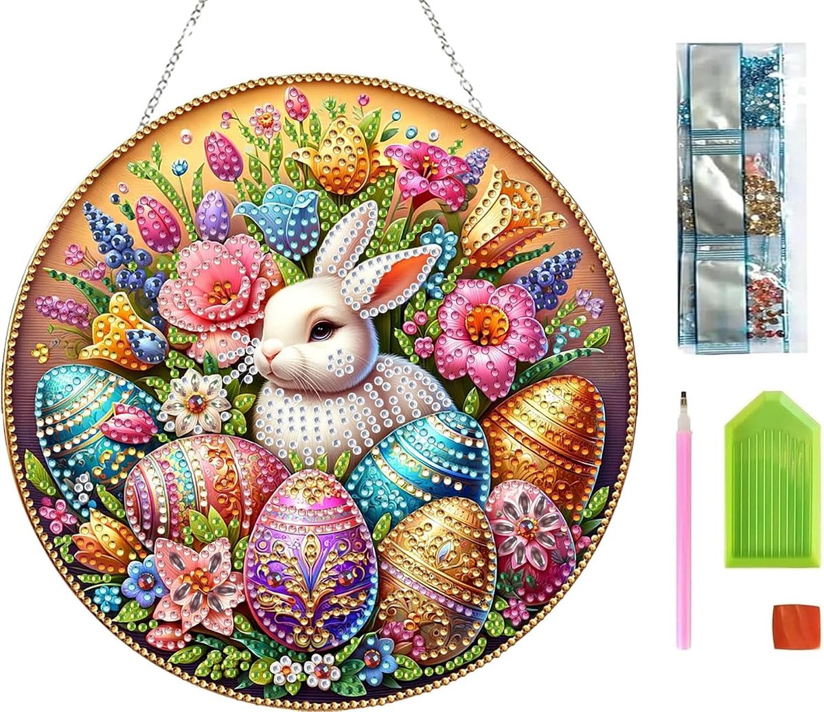Diamond Desktop Ornament, Diamond Painting Pasen bureaubladornament, speciaal gevormde kristallen paashaas, cadeau voor paashaas, diamant kunstschilderen, tafeldecoratie diamant (B)